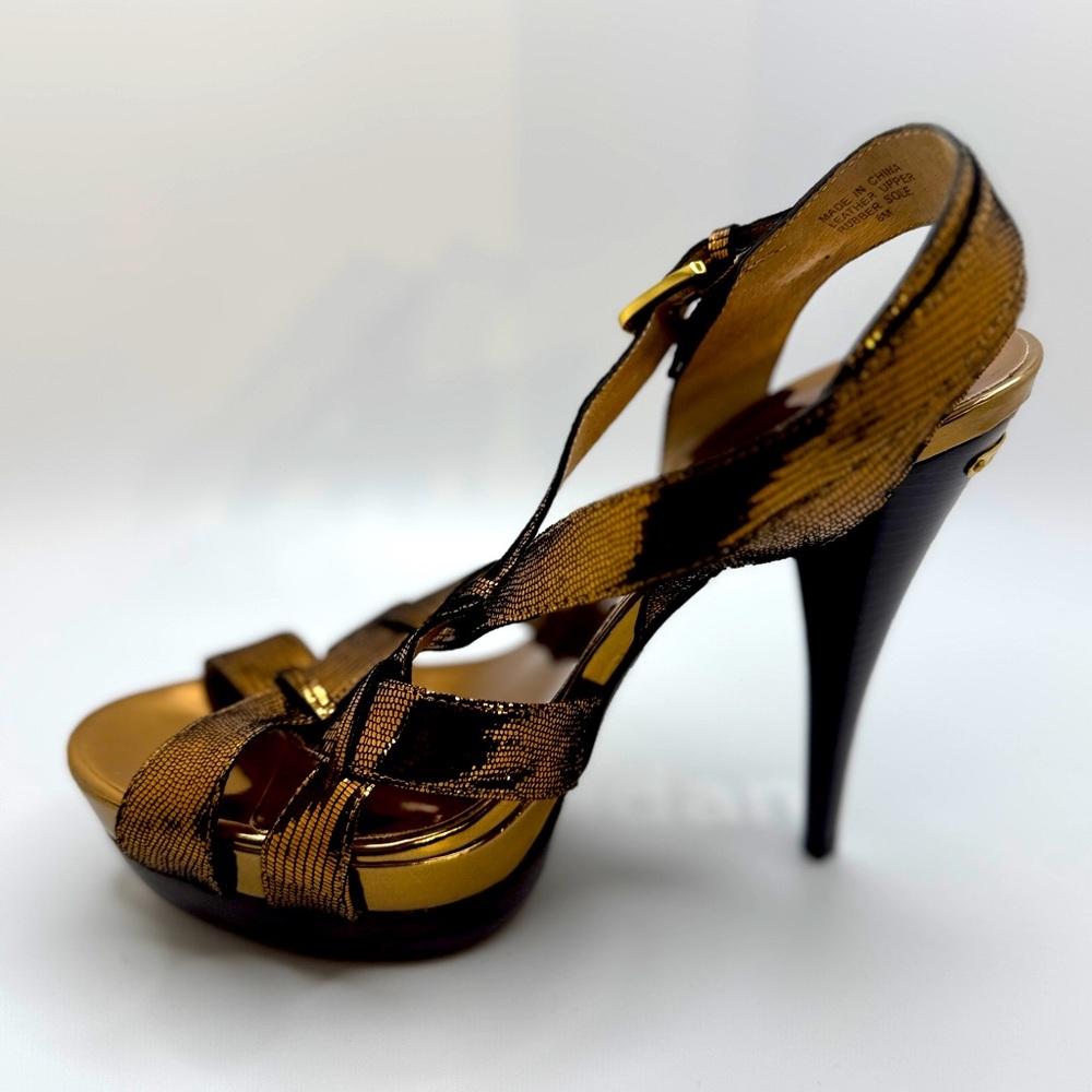 MICHAEL Michael Kors Gold and Black Strappy T‑Bar High Heels